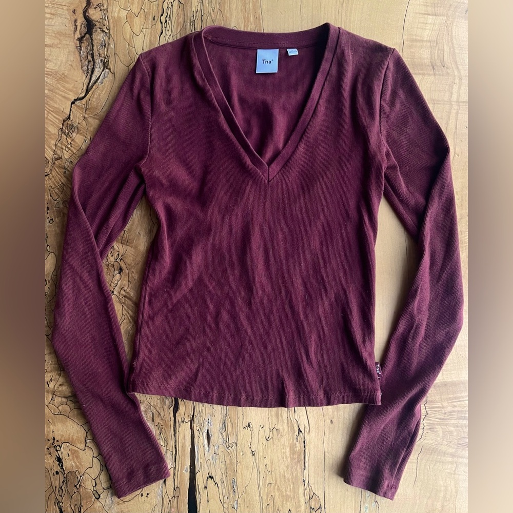 TNA Deep Red V-Neck Long Sleeve Blouse